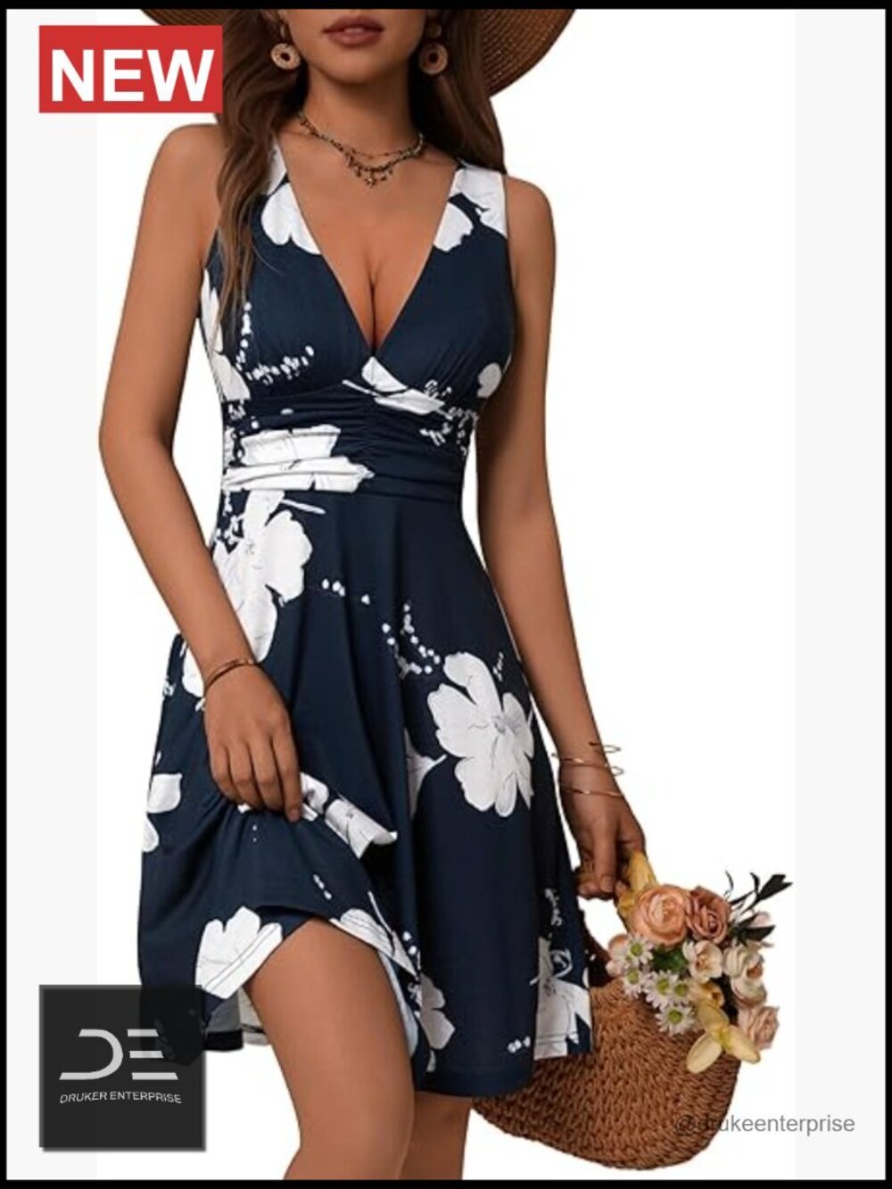 Deep V Neck Sleeveless Floral Sundress with Pockets Flowy Summer Dress for Women